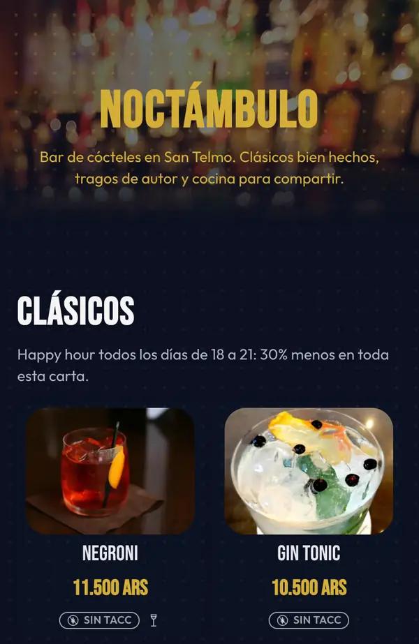 Vista del menú de Noctámbulo en un celular