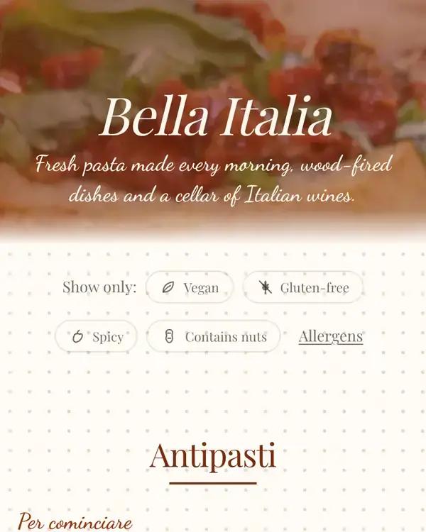 The Bella Italia menu open on a phone