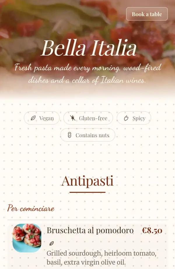 Vista del menú de Bella Italia en un celular