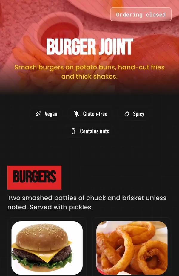 Vista del menú de Burger Joint en un celular