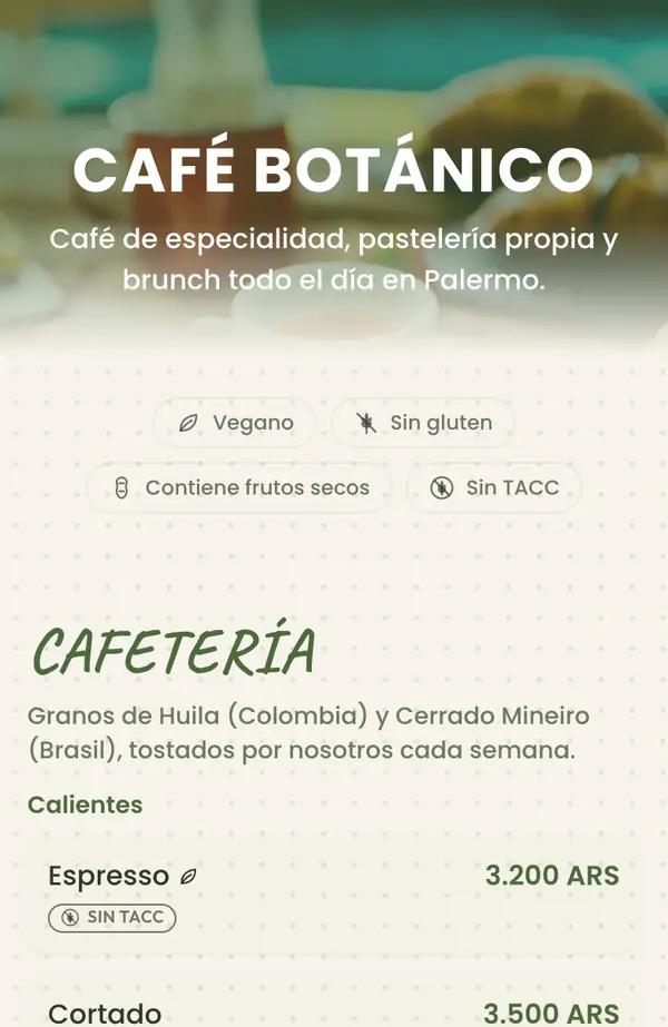 Vista del menú de Café Botánico en un celular