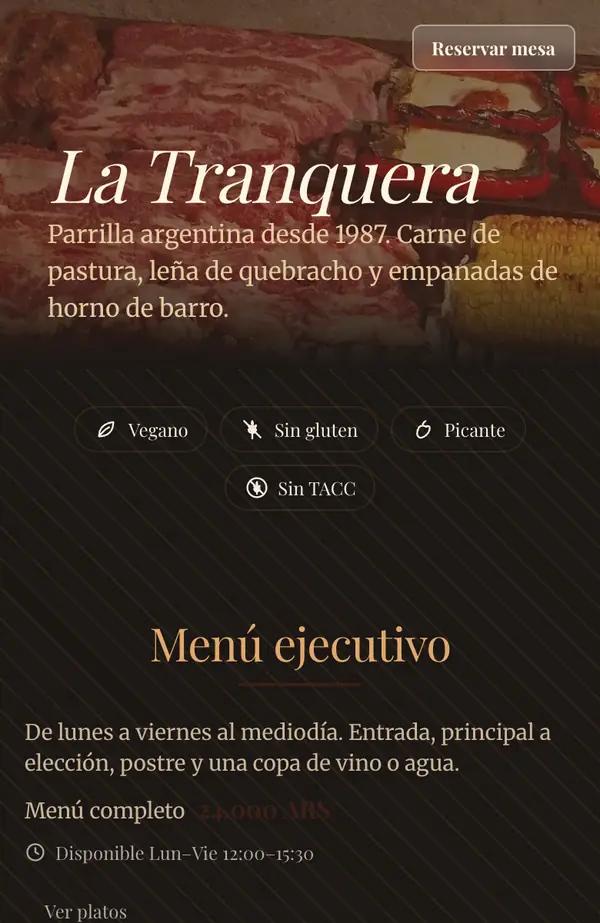 Vista del menú de La Tranquera en un celular