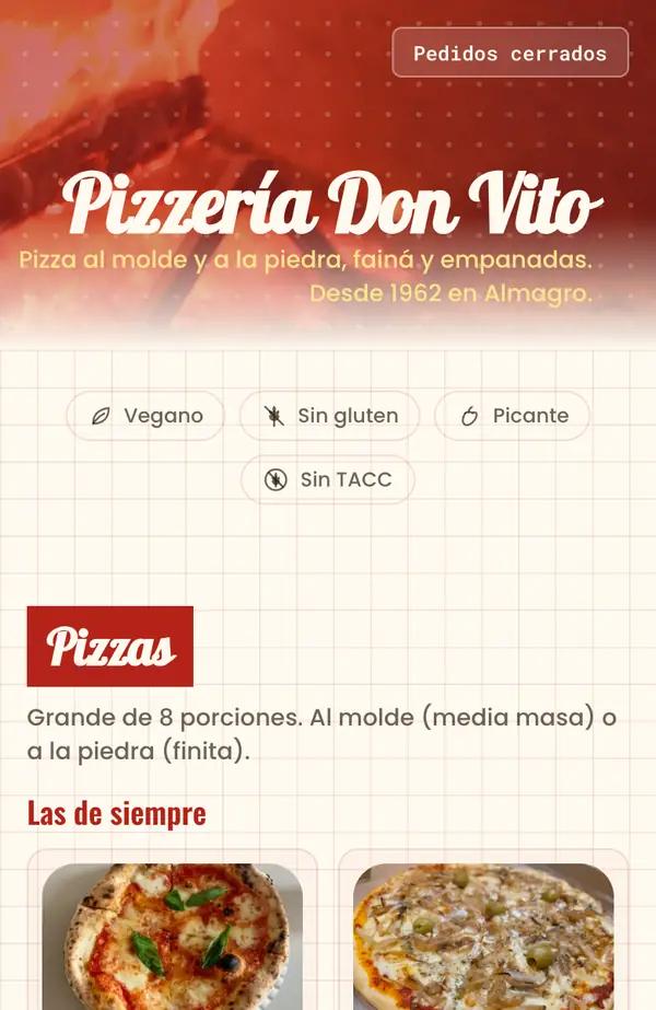Vista del menú de Pizzería Don Vito en un celular