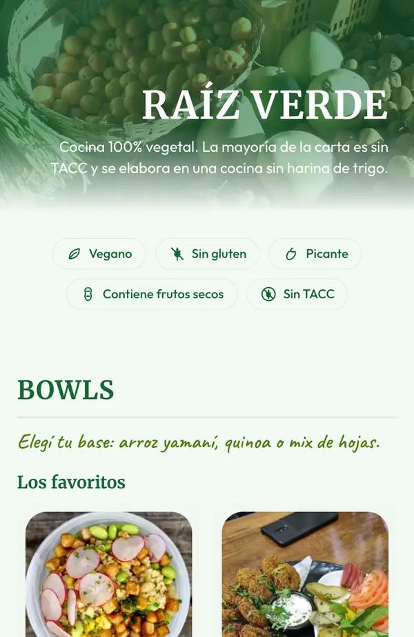 Vista del menú de Raíz Verde en un celular